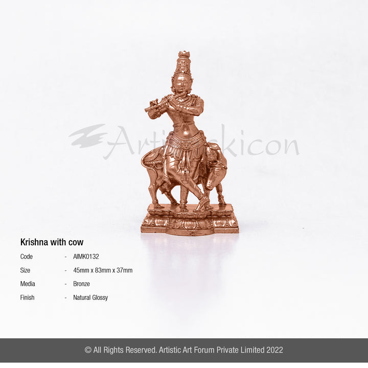 Bronze Lord Krishna With Cow Statue For  Pooja Space