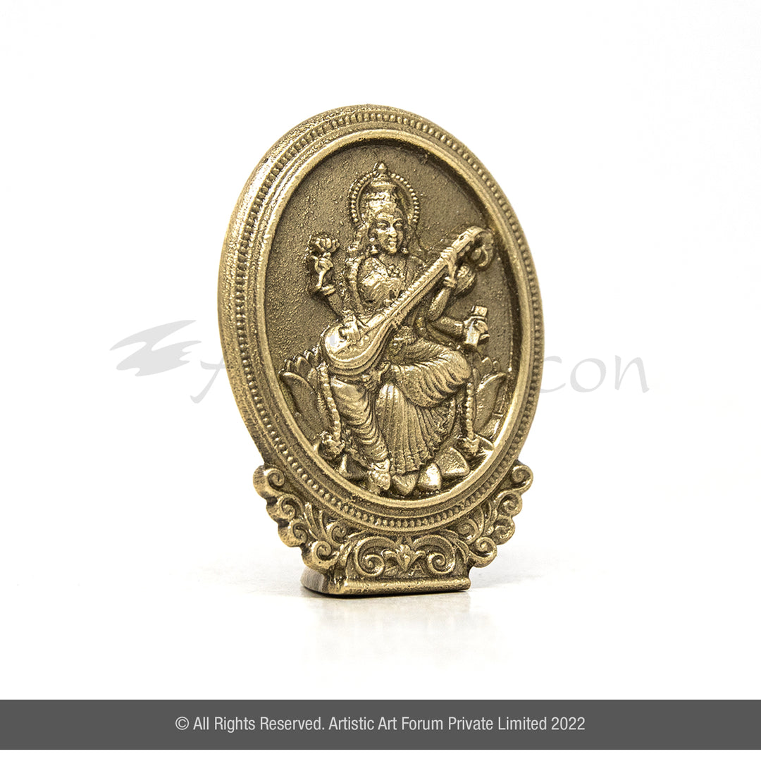 Oval Shape Brass Saraswati Idol for Car Dashboard 